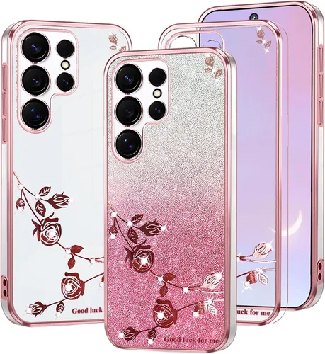Vista 9 de Kainevy - Funda para Samsung Galaxy S23 Ultra, funda transparente con purpurina rosa floral para mujeres y niñas, bonita funda para Samsung S23