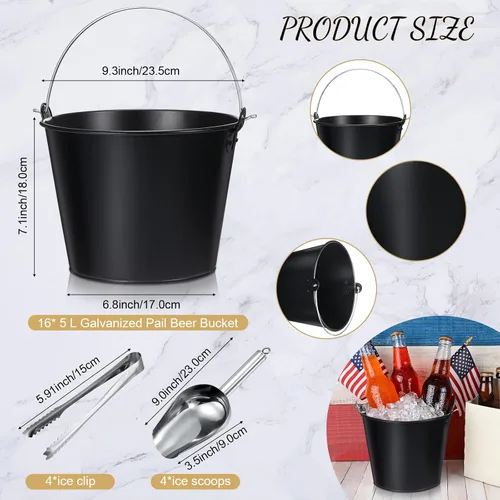 Vista 2 de Zopeal Juego de 24 cubos de cerveza galvanizados, 16 cubos de metal con 4 cucharadas y 4 pinzas, cubo de hielo rústico de 7 pulgadas para fiestas