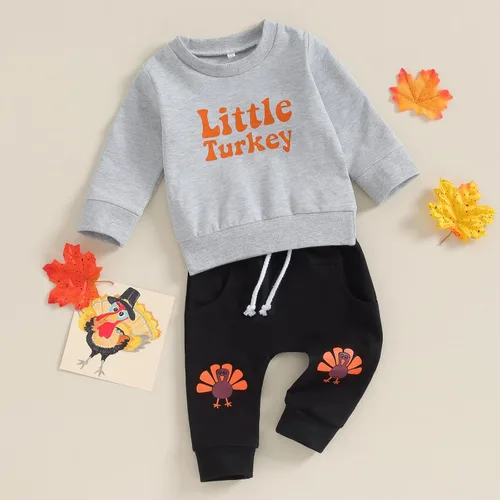 Vista 7 de Wrrkayly Traje de Acción de Gracias para bebé niño pequeño, sudadera de manga larga con cuello redondo y estampado de pavo, pantalones deportivos