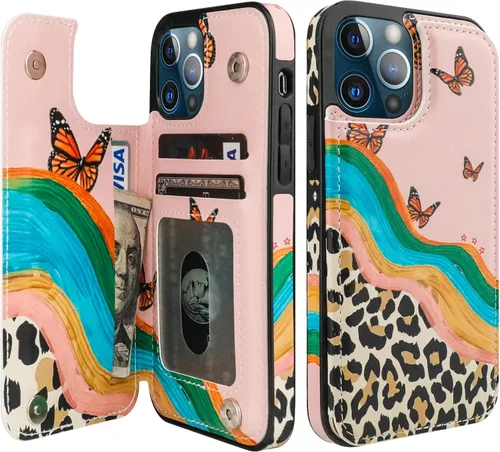 Vista 23 de HAOPINSH Funda tipo cartera para iPhone 12/12 Pro - Bandera americana Girasol, tarjetero, cuero sintético, soporte, cierre magnético doble, a prueba