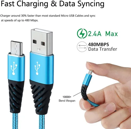 Vista 5 de Bynccea Cable micro USB de carga rápida, cable USB Android trenzado de nailon de 6 pies, paquete de 5 cables de carga de teléfono compatible