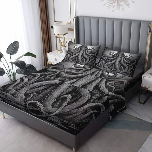 Vista 11 de Octopus Sheets - Juego de sábanas de tamaño individual, sábanas de microfibra suave, bolsillo profundo, sábanas y fundas de almohada estampadas sin