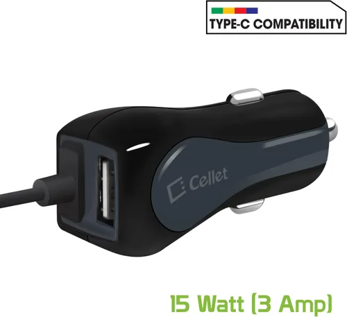Vista 7 de Cellet Cargador de coche de doble puerto USB de 15 vatios de carga rápida con cable tipo C de 4 pies de alta potencia de 3 amperios compatible