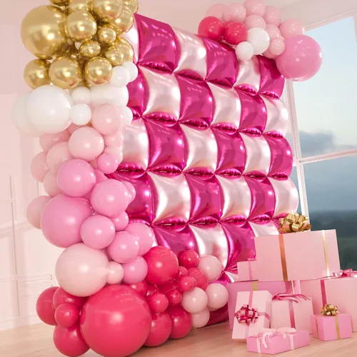 Vista 4 de 36 globos rosa intenso de papel aluminio cuadrados de doble cara para decoración de pared con kit de arco de 188 globos rosa y globos de mylar