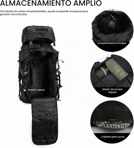 Vista 4 de Mardingtop 70L Mochila con armazón interno para caza, camping, senderismo; mochila con cubierta para la lluvia Negro