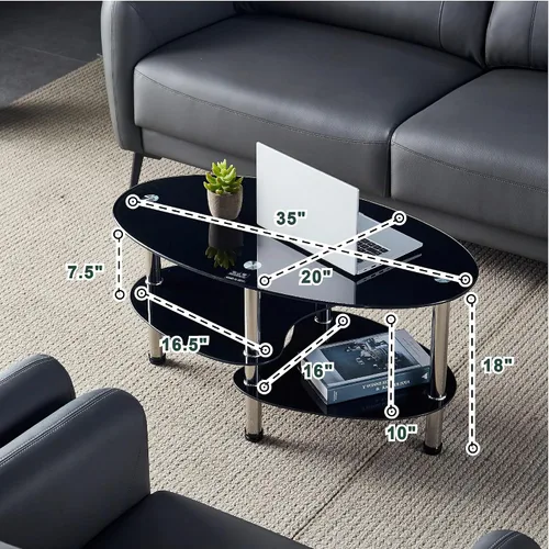 Vista 2 de Mesa de té de vidrio ovalada para oficina, mesa de centro moderna de 3 niveles, mesa auxiliar para sala de estar (negro)