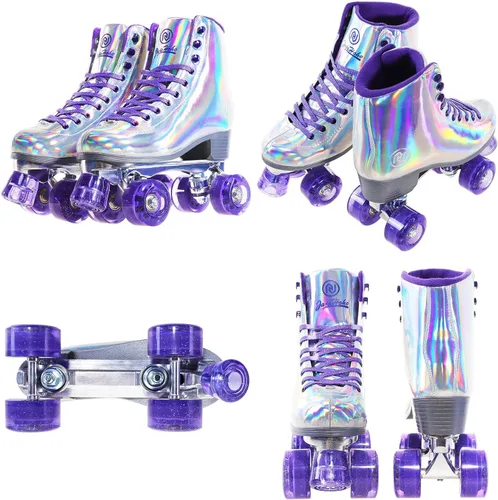 Vista 5 de JajaHoho Patines de ruedas para mujeres, piel sintética holográfica de alta calidad, patines brillantes de doble fila de cuatro ruedas para niñas