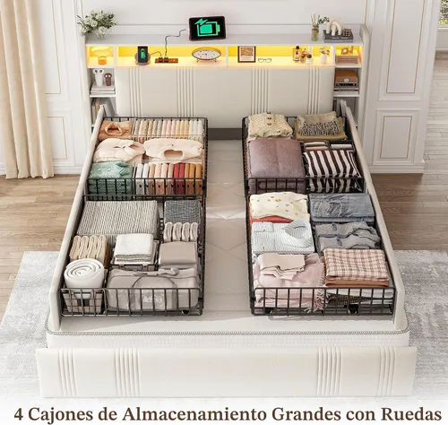 Vista 3 de EnHomee Base de cama de tamaño matrimonial con 4 cajones de almacenamiento y cabecero tapizado, marco de cama matrimonial con LED, estación de carga