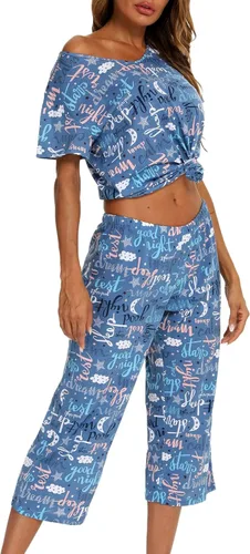 Vista 4 de ENJOYNIGHT - Conjunto de pijama para mujer, ropa de dormir de algodón con camiseta y pantalones capri, lindos pijamas