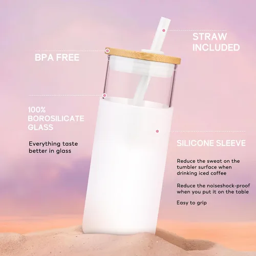 Vista 5 de Tronco - Vaso de vidrio de 20 onzas con tapa de bambú y pajilla, botella de vidrio con funda protectora de silicona, vaso reutilizable para licuado