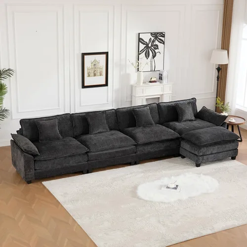 Vista 306 de Sofá seccional modular verde de 111.5", sofás seccionales grandes de 3 plazas para sala de estar, sofá nube oversized de tela chenille con otomana