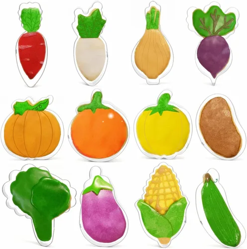 Vista 7 de Cortadores de galletas en forma de vegetales, de 12 piezas, de acero inoxidable, juego de cortadores de fondant para verduras, pastelería, galletas
