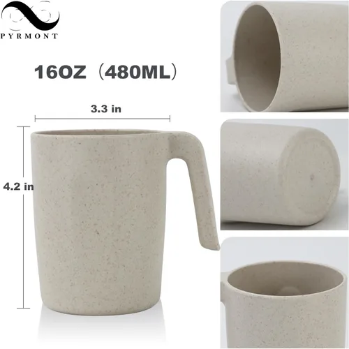 Vista 2 de PYRMONT Juego de 6 tazas de paja de trigo, tazas de café de plástico reutilizables, tazas de té con asas, juego de tazas de 16 onzas para café