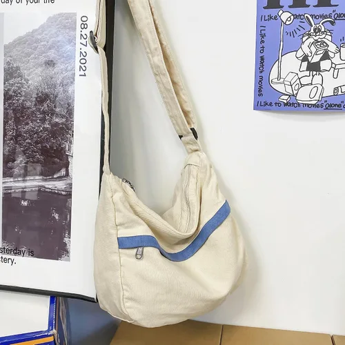 Vista 7 de Bolso bandolera de lona grande con cremallera, bolso bandolera casual para mujeres y hombres