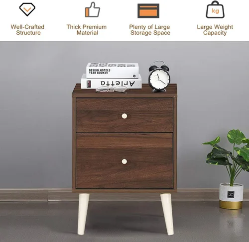 Vista 4 de Giantex Mesita de noche con cajones y patas de madera de goma maciza, gran espacio de almacenamiento para dormitorio, sala de estar, pasillo