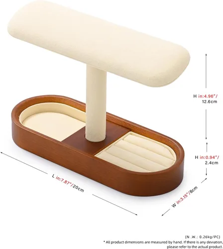 Vista 8 de Oirlv Soporte de reloj de madera maciza con barra en T, organizador para hombres y mujeres, soporte de exhibición de joyas, anillos, aretes, collar