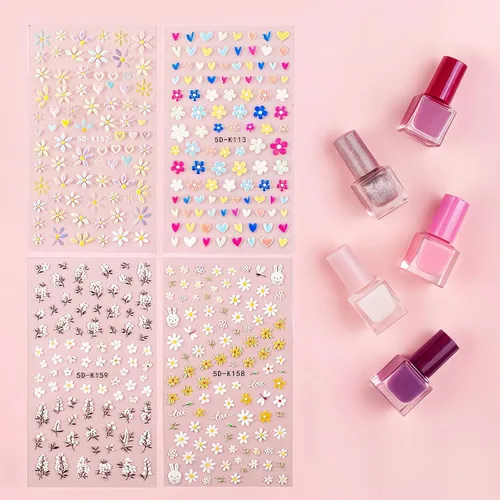 Vista 2 de Calcomanías de uñas, 4 hojas en relieve floral 5D, autoadhesivas para manicura de bricolaje