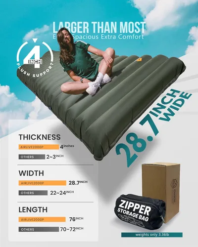 Vista 2 de ZOOOBELIVES Espesor extra: colchoneta de dormir ancha Plus con bomba integrada, colchón inflable de campamento de máxima comodidad para camping