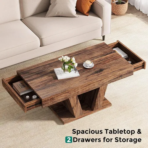 Vista 5 de Mesa de centro Farmhouse de 43 pulgadas con almacenamiento, color marrón Wood Center Tea Table with Hidden Storage, Rectangle Cocktail Table for