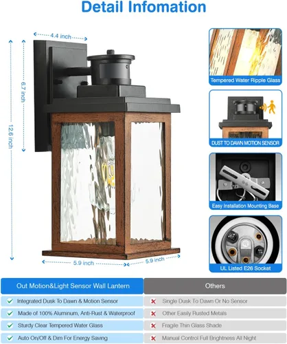 Vista 6 de VIANIS Luces para exteriores con sensor de movimiento, iluminación de anochecer a amanecer para casa, luces de grano de madera para garaje, farol