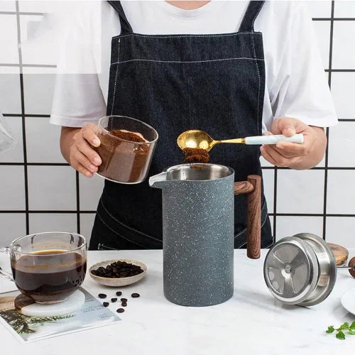 Vista 2 de Cafetera de prensa francesa de acero inoxidable, doble pared aislada, cafetera y tetera, mantiene el café o té preparado caliente, 33.8 fl oz, gris