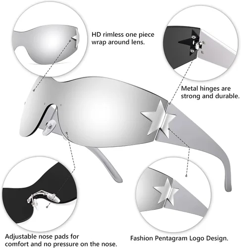 Vista 3 de FEISEDY Y2K - Lentes de sol para mujeres y hombres, de los años 2000, sin marco, sin marco, con estrellas, B9090 Plateado(Mirrored Silver)