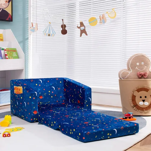 Vista 2 de Costzon Sofá para niños, sofá infantil abierto 2 en 1 con tela de terciopelo, bolsillos de almacenamiento, reposabrazos para niños pequeños, cama