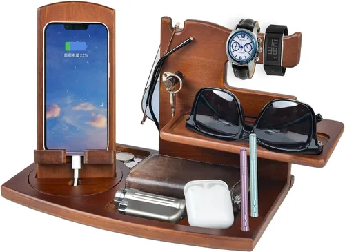Vista 8 de Regalos para hombres, organizador de mesita de noche, estación de acoplamiento de teléfono de madera, regalos de cumpleaños de papá para él, mesita