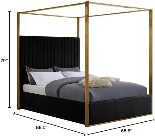 Vista 3 de Meridian Furniture JonesBlack-Q Jones Collection Modern Cama Queen tapizada contemporánea, terciopelo negro, acolchado de canal, marco de latón