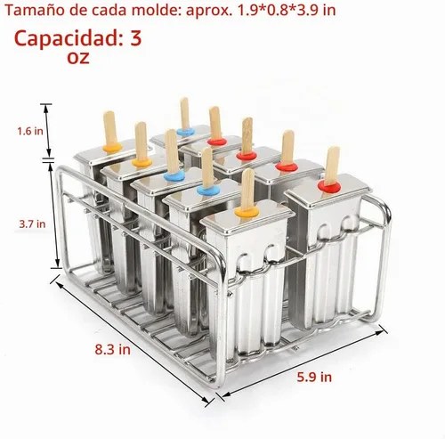 Vista 6 de Molde para paletas de hielo, moldes de acero inoxidable, soporte para palitos de helado (10 unidades)