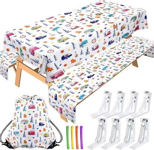 Vista 8 de Tudomro Mantel de camping con fundas de banco de picnic, se adapta a mesas de picnic de 4 a 7 pies, mantel de poliéster lavable y reutilizable