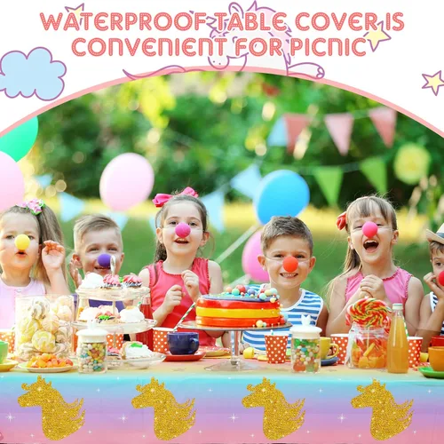 Vista 4 de Zhehao Mantel desechable de cumpleaños de unicornio de 108 x 54 pulgadas, mantel de plástico a rayas multicolor para fiesta de cumpleaños