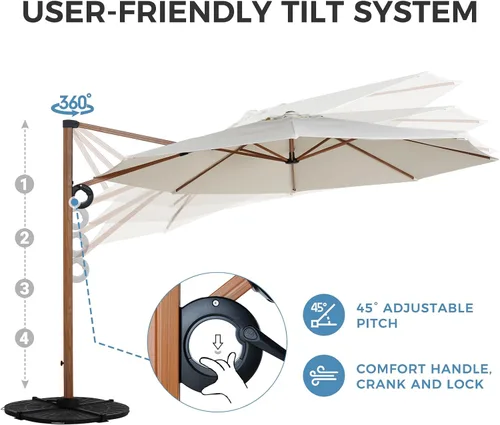Vista 4 de Grand patio Sombrilla de patio de 12 pies, sombrilla redonda voladiza para exteriores con rotación de 360°, paraguas de aluminio para patio, jardín