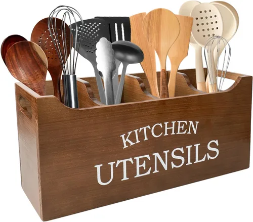 Vista 10 de Soporte para utensilios de cocina de madera, extra grande, 4 compartimentos, con parte inferior de drenaje para encimera, organizador