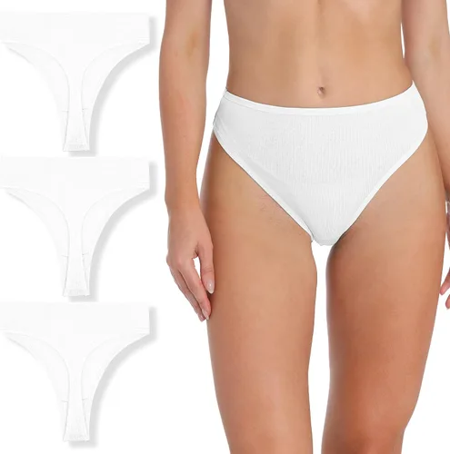 Vista 18 de Tanga de algodón acanalado transpirable sin costuras de cintura alta para mujer, ropa interior de talla grande 2 negro/2 verde/2 vino tinto