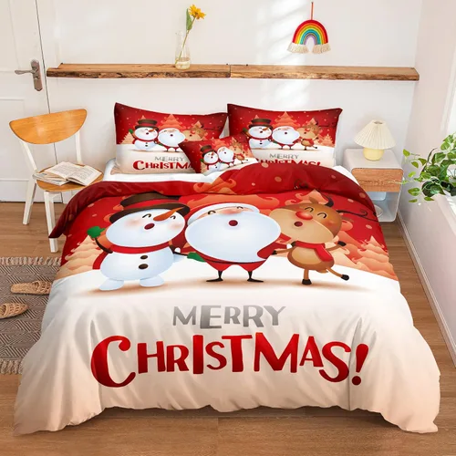 Vista 14 de Juego de ropa de cama de Navidad con funda de edredón de copos de nieve, color blanco y rojo, con estampado navideño, juego de ropa de cama festiva