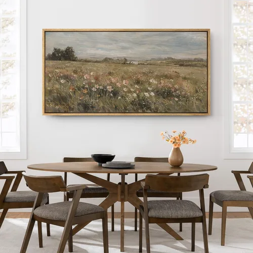 Vista 4 de SIGNFORD Lienzo enmarcado extragrande para pared, diseño de flores silvestres, paisaje, campo escénico con flores florecientes, ilustraciones