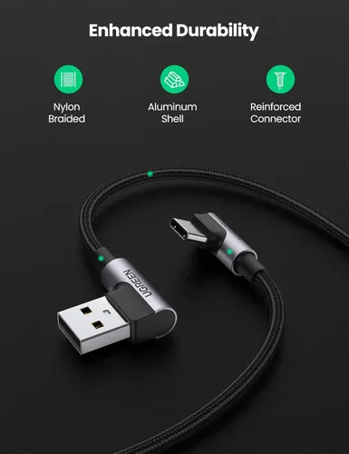 Vista 7 de UGREEN Cable USB a USB C de 90 grados, cable de carga rápida USB C compatible con iPhone 17/16/16 Plus/16 Pro/16 Pro Max/15/Samsung Galaxy