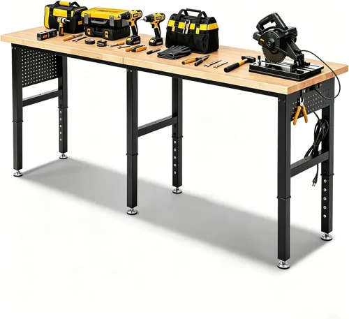 Vista 10 de ENJOYWOOD Banco de trabajo resistente de 41 pulgadas, banco de trabajo de altura ajustable con parte superior de madera de caucho maciza, mesa
