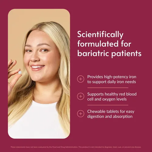 Vista 2 de Bariatric Advantage Hierro masticable de 60 mg con vitamina C para una mayor absorción y utilización, fácilmente digerible para pacientes