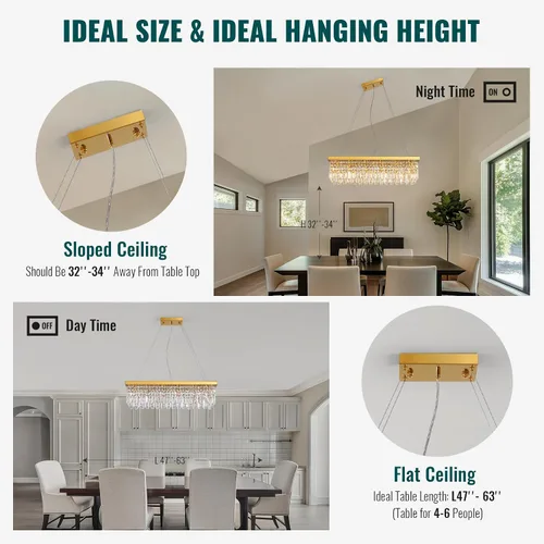 Vista 7 de Siljoy Candelabro de Cristal Moderno de 6 Luces Rectangular Dorado K9 Candelabro de Cristal en Forma de Gota de Lluvia para Comedor, Lámpara