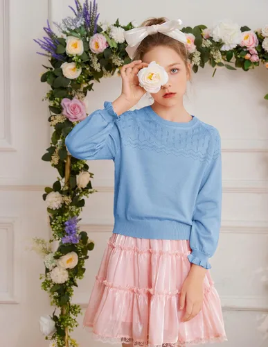 Vista 3 de GRACE KARIN Suéter de manga larga con cuello redondo para niñas, talla 5-12