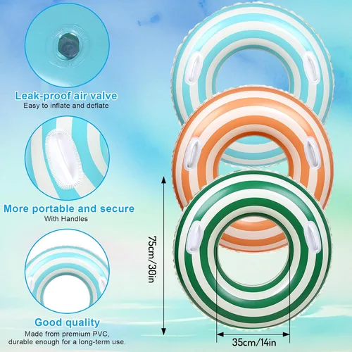 Vista 2 de Whaline 3 piezas de tubo inflable para piscina con asas, retro, naranja, verde, azul, rayas, anillos de piscina, flotadores, tubo para tumbonas