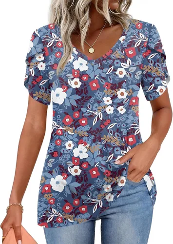 Vista 30 de CATHY 2025 - Blusas de verano para mujer, con mangas cortas, cuello en V, estilo túnica, tallas S-4XL Talla B