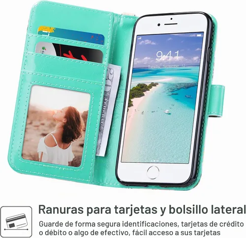 Vista 4 de ULAK - Funda tipo cartera para iPhone SE 3 (2022)/SE (2020)/8/7, con tarjetero, funda tipo cartera de piel sintética floral premium con soporte