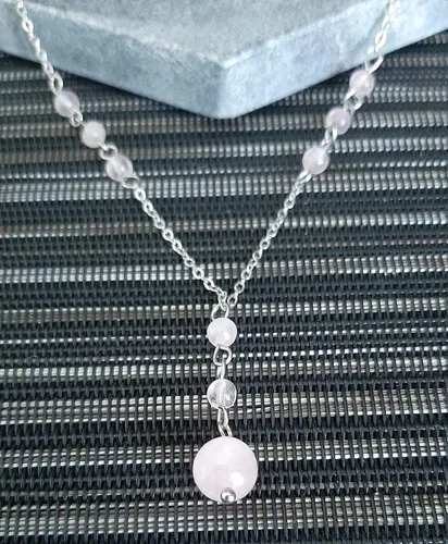 Vista 7 de Natural Crystal Bead Rose Quartz Y Shaped Lariat Necklace Non-Tarnish Steel Chain