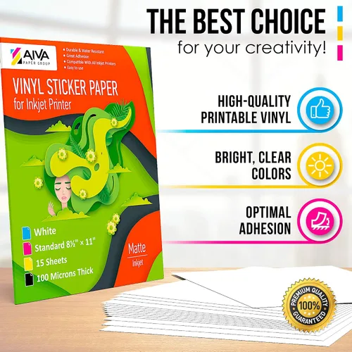 Vista 5 de Papel adhesivo de vinilo imprimible para impresora de inyección de tinta, blanco mate, 15 hojas autoadhesivas, papel de calcomanía impermeable