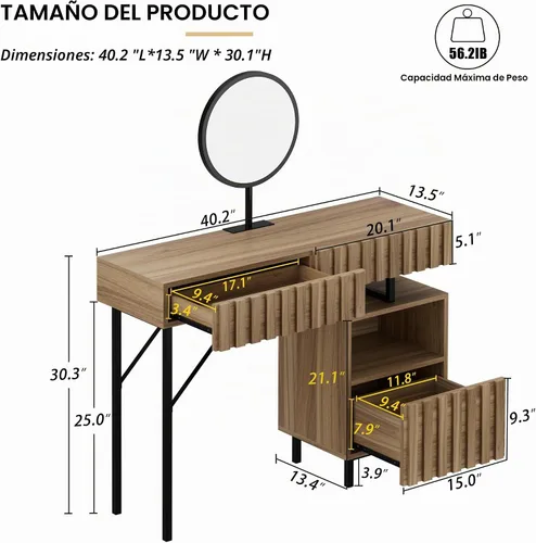 Vista 6 de Escritorio de madera con espejo, juego de tocador de maquillaje con cajón, tocador de tocador, juego de escritorio de maquillaje con espacio