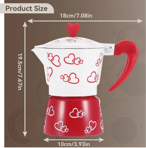 Vista 2 de HERCHR Red Heart - Olla de aluminio para moka, cafetera de café expreso con mango ergonómico antideslizante para verter sobre la cafetera