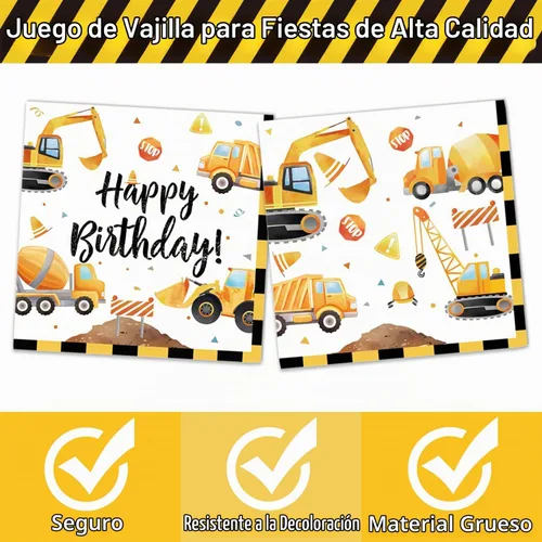 Vista 3 de Suministros de fiesta de cumpleaños de construcción, decoraciones temáticas de construcción, incluye platos, vasos, servilletas, cubiertos, perfecto